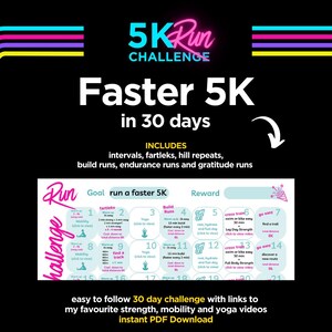 Puede incluir: Un calendario de desafío de carrera de 5K de 30 días colorido con enlaces a videos de fuerza, movilidad y yoga. El calendario incluye una variedad de entrenamientos, que incluyen intervalos, fartleks, repeticiones de colinas, carreras de construcción, carreras de resistencia y carreras de gratitud. El calendario está diseñado para ayudar a los corredores a mejorar su velocidad y resistencia durante 30 días.