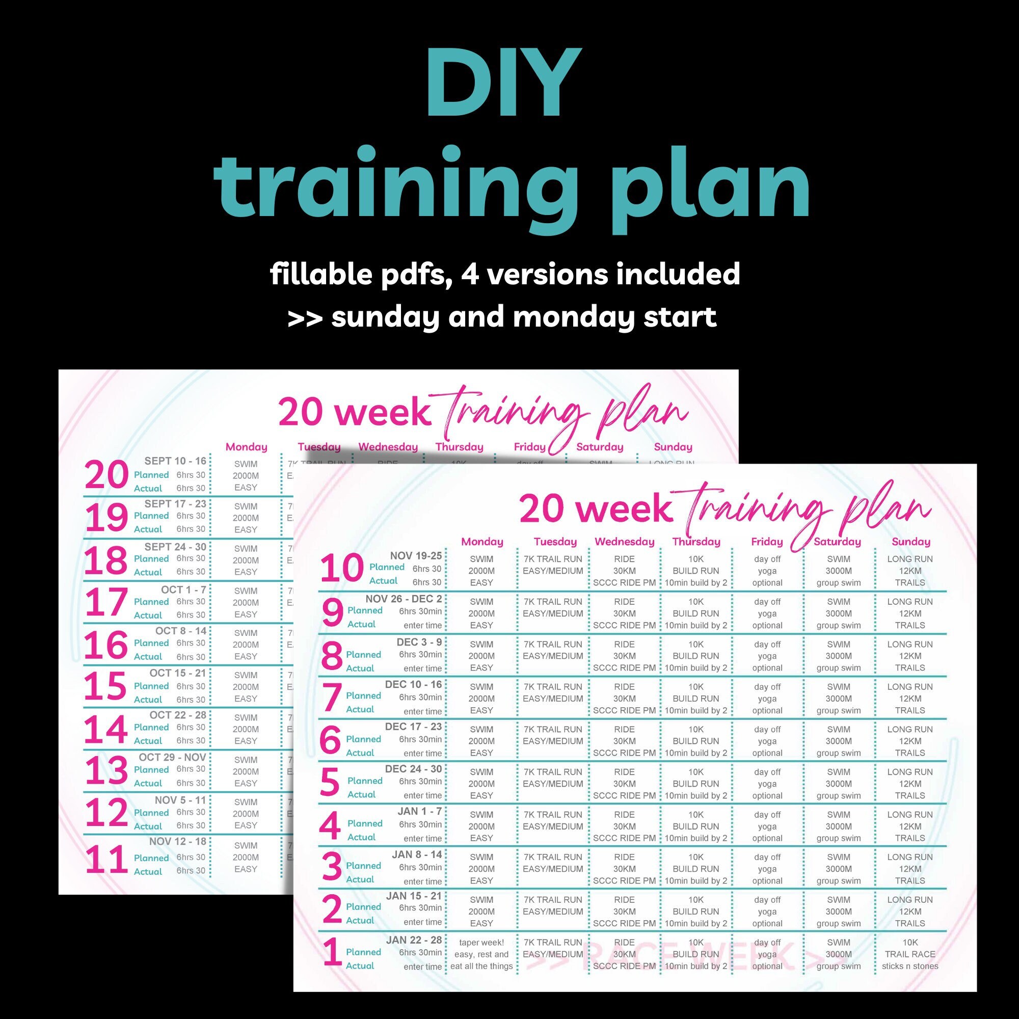 20-week training plan template, Self Coached Athlete, Endurance Race Plan for Swim, Bike, Run, Triathlon, Training Schedule, Fillable PDF