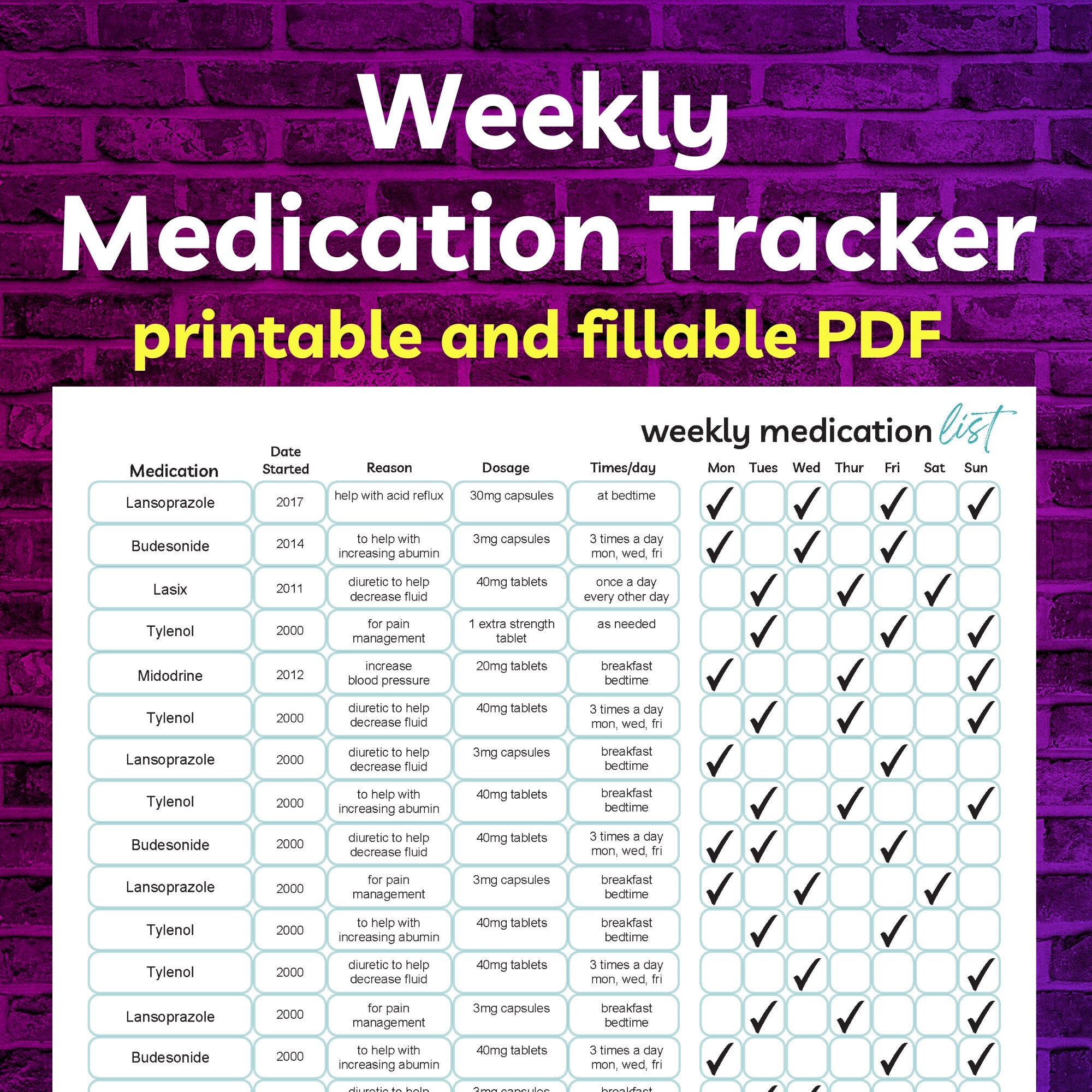 Editable Weekly Medication Log, Medication Tracker, Medication Fillable PDF, Medication List, Medication List Template, Medication Chart