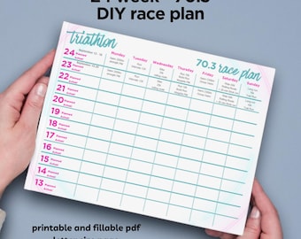 24 week Triathlon Race Planner, Triathlon Training, 70.3 Triathlon Training Schedule, Fillable PDF