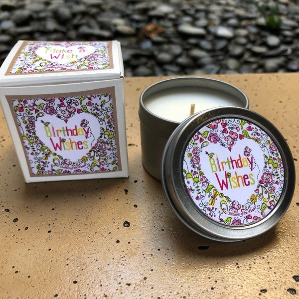 Birthday Wishes Heart / Grapefruit Citrus Scented Soy Blend Candle in 2 Oz Silver Tin w Gift Box