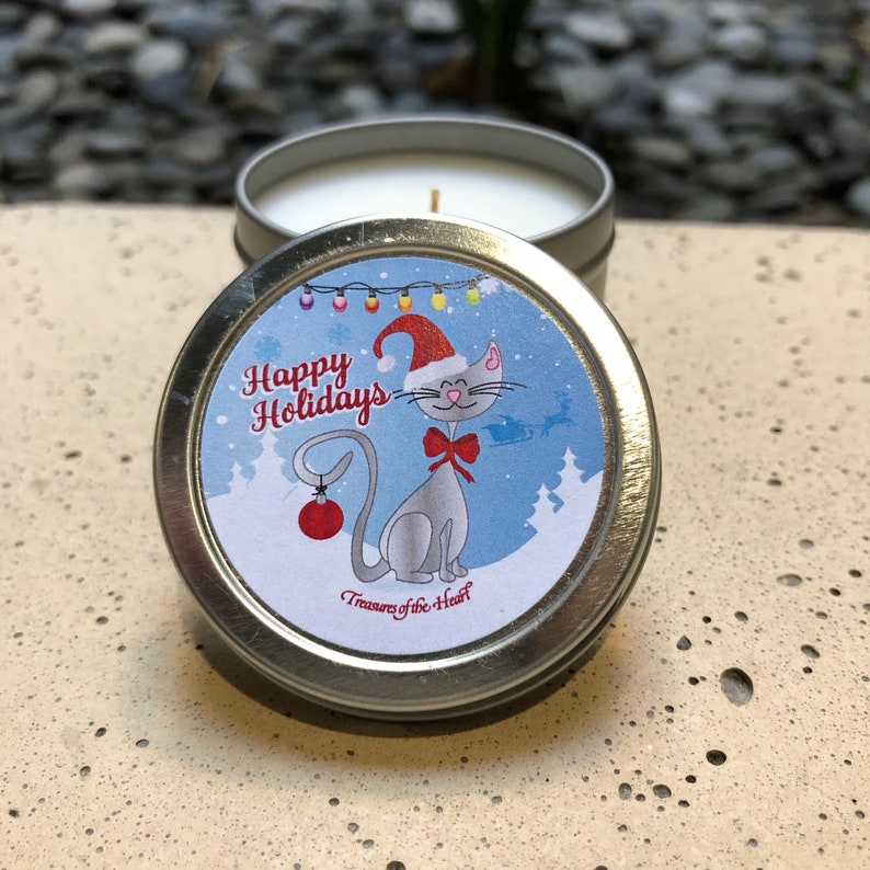 Silver Tin Citrus Scent With Gift Box Happy Holidays Candle with Cat 2 Oz