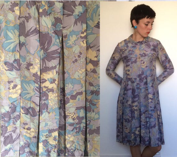 Purple Floral 1970s long sleeved pleated skirt dre