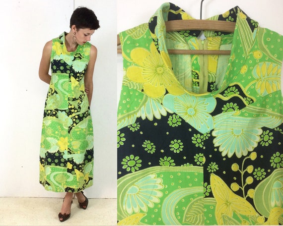 1970s Classic High Collar Lime Green Psychedelic M