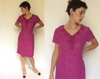 Linen Magenta 1950s Handmade Couture Hourglass Dress