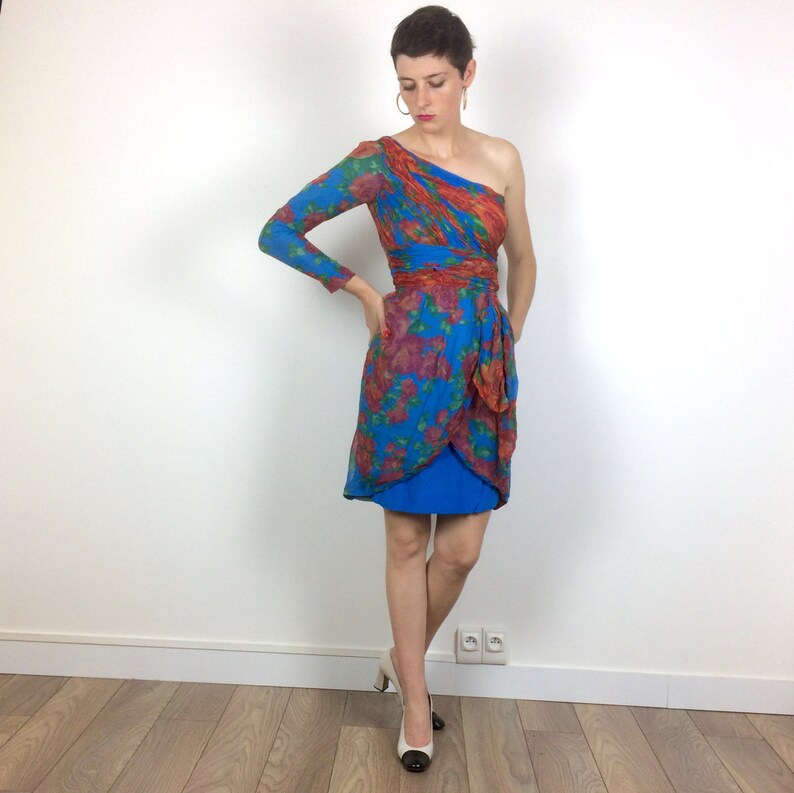 Silk Chiffon Floral vintage Off the shoulder cocktail dress Handmade