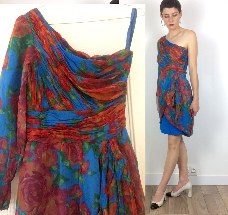 Silk Chiffon Floral vintage Off the shoulder cocktail dress Handmade