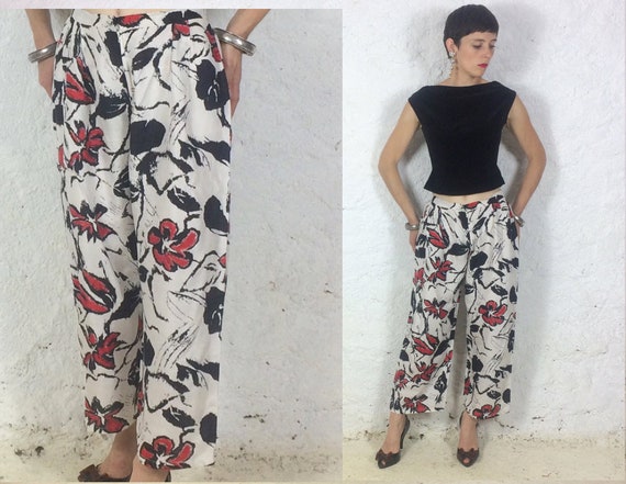 Silk mix Handmade vintage Palazzo pants Floral Wid