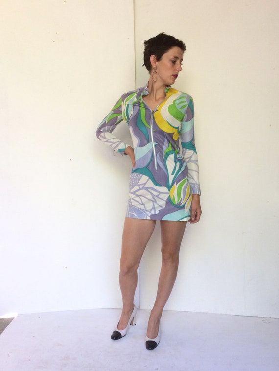 Saks Fifth Avenue 1960s Psychedelic Zip up Mini dr