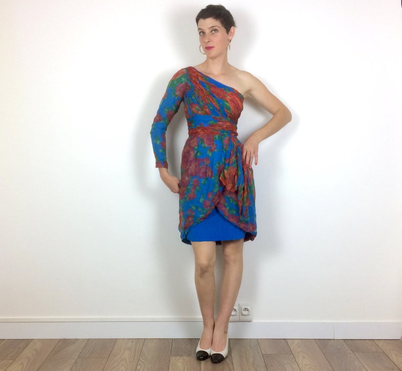 Silk Chiffon Floral vintage Off the shoulder cocktail dress Handmade