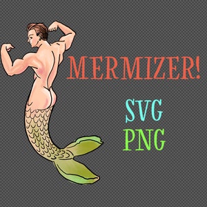 Puede incluir: Una ilustración de dibujos animados de un hombre musculoso con una cola de pez verde y dorada. Está flexionando su bíceps y tiene un fondo rojo, blanco y azul con el texto "MERMIZER! SVG PNG".