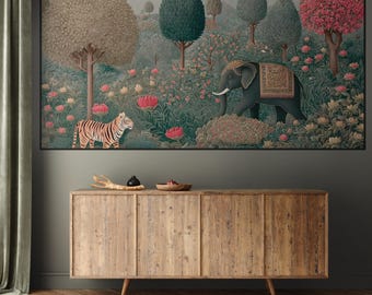 Landskapsbild på TV: Vintage påfågel, elefant, tiger, idyllisk scen, Indien, Samsung skärmsläckare (nedladdning direkt)