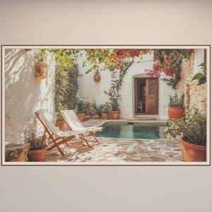 May include: An idyllic outdoor scene with a small pool, white walls, terracotta pots, and greenery. Two white canvas deck chairs face the pool. Pink bougainvillea flowers add colour to the scene.
