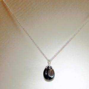 May include: A silver chain necklace with a black gemstone pendant. The pendant is oval shaped and has a silver setting.