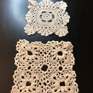 Knitted Floral Square Doilies. Two white embroidered napkins.  Set of two lace doilies