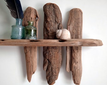 Decorative driftwood shelf, Decor on the wall, home decor, vintage glass, two vintage inkwells