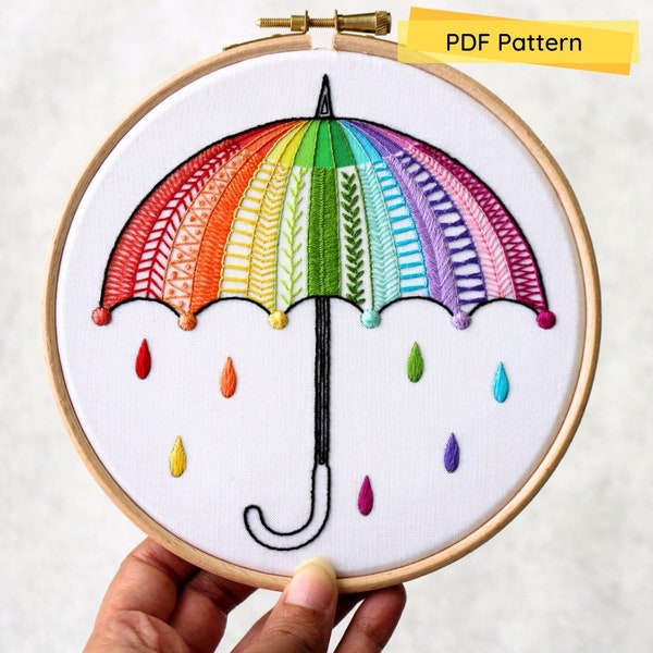 Rainbow Umbrella- Embroidery Pattern- Embroidery PDF Pattern- Digital download- Embroidery Sampler PDF- Rainbow Embroidery Pattern- Umbrella