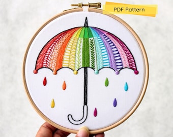 Rainbow Umbrella- Embroidery Pattern- Embroidery PDF Pattern- Digital download- Embroidery Sampler PDF- Rainbow Embroidery Pattern- Umbrella