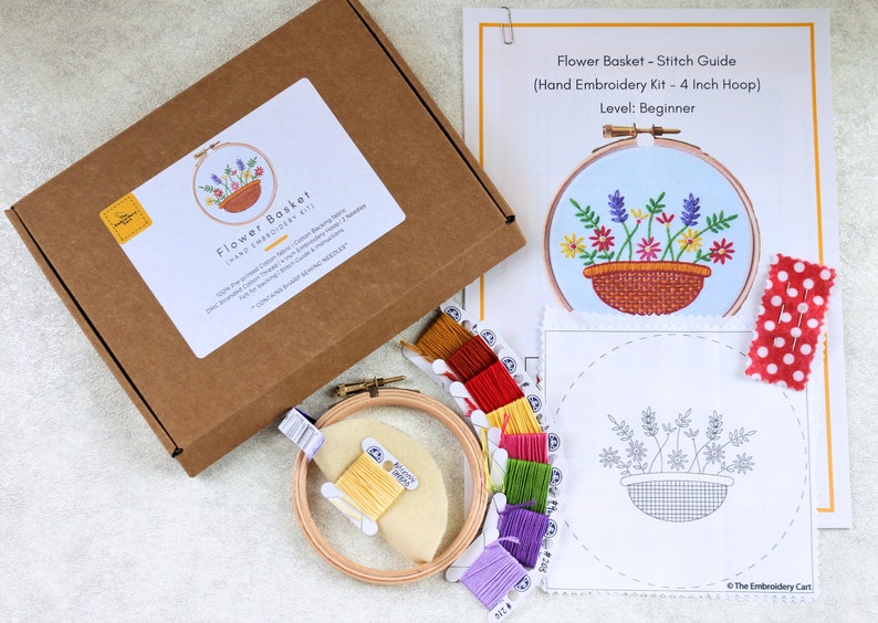 Embroidery Kit Flower Floral Embroidery DIY Gift Flower Basket Mothers Day Gift Embroidery Kit Floral Bouquet Embroidery Kit Beginner