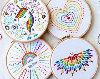 Rainbow Embroidery Kits Bundle- Embroidery Kits Bundle (Pack of 4)- Beginner Embroidery Kit- DIY Embroidery- Embroidery Starter Kit- DIY Art