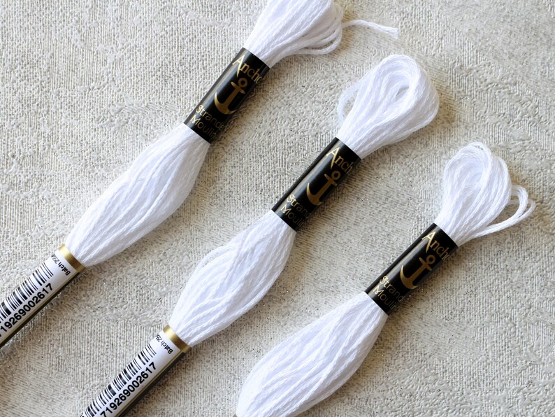 White Embroidery Thread White Colours Anchor Embroidery Thread Set of 3 skein Anchor White 001 Embroidery Thread White thread bundle image 3