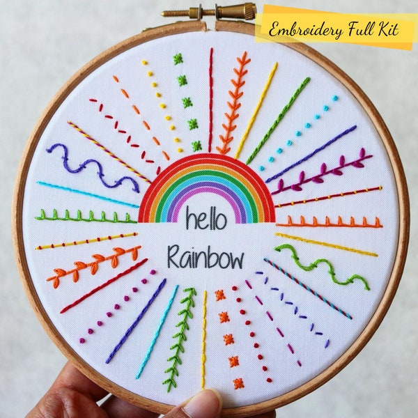 Hello Rainbow - Kit de broderie - Kit de broderie pour débutant - Kit d'échantillons de broderie - Kit de broderie arc-en-ciel - Kit de créations artisanales - Kit de broderie DIY