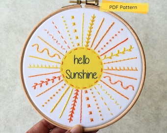 Hello Sunshine- Embroidery Pattern- PDF Pattern- Summer Embroidery Design- Digital download- Beginner Embroidery- Embroidery Pattern Sampler