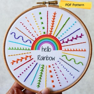 Hello Rainbow- Embroidery Pattern- PDF Pattern- Beginner Embroidery- Digital download- Embroidery Pattern Sampler- Rainbow Embroidery Design