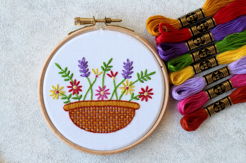 Embroidery Kit Flower Floral Embroidery DIY Gift Flower Basket Mothers Day Gift Embroidery Kit Floral Bouquet Embroidery Kit Beginner