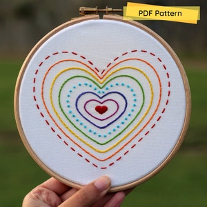 Rainbow Hearts- Embroidery Pattern- PDF Pattern- Beginner Embroidery- Digital download- Embroidery Pattern Sampler- Heart Embroidery Pattern