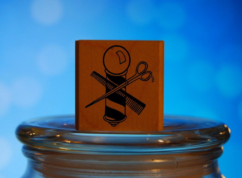 Barber Hair Stylist Pole Rubber Stamp Mounted Wood Block Art Stamp