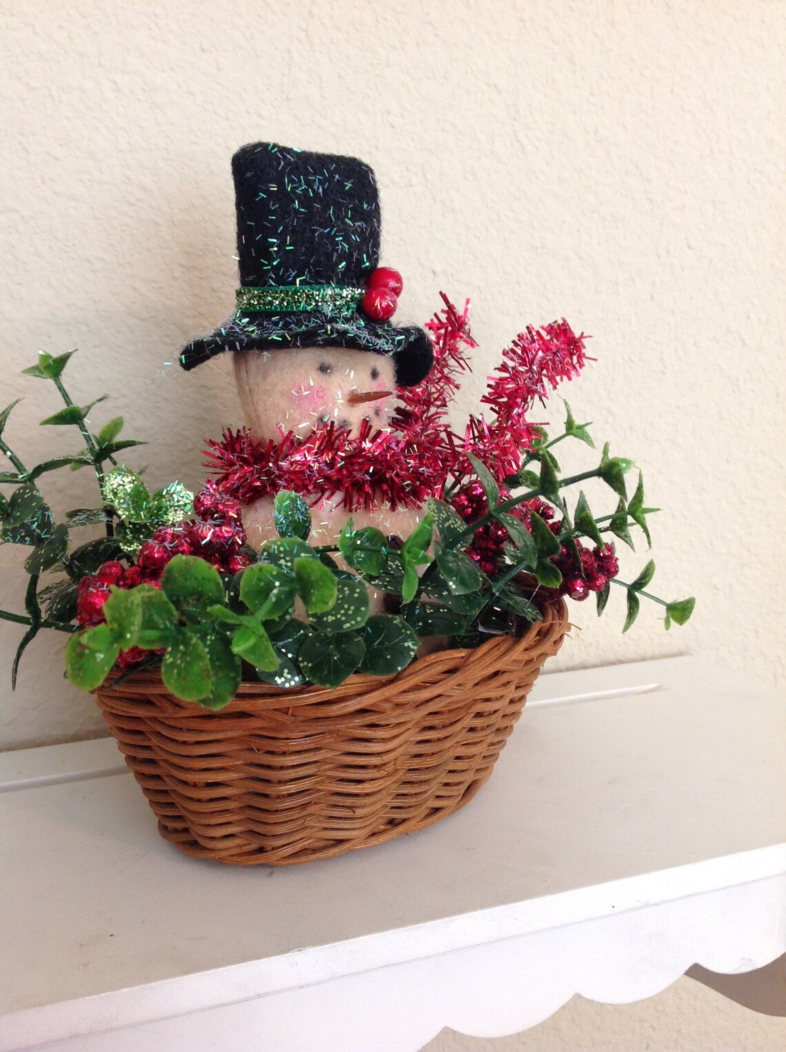 Primitive Snowman in Wicker Basket Etsy