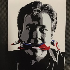 May include: A black and white illustration of a man with his mouth covered by a red, white and blue scarf.