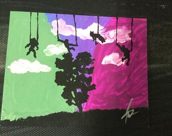 MARIONETTES puppets in the sky original 8x10 art painting one of a kind pop art on canvas