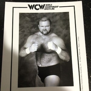 May include: Black and white photo of a wrestler in a wrestling ring. The wrestler is wearing black wrestling trunks and has a beard. The photo is from WCW World Championship Wrestling. The text "ARN ANDERSON" is printed below the photo.