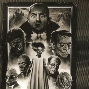 May include: Black and white illustration of classic horror movie monsters, including Dracula, Frankenstein's monster, the Wolfman, the Creature from the Black Lagoon, and the Invisible Man.