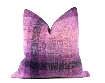 Purple 22" x 22" plaid mohair wool boho accent pillow