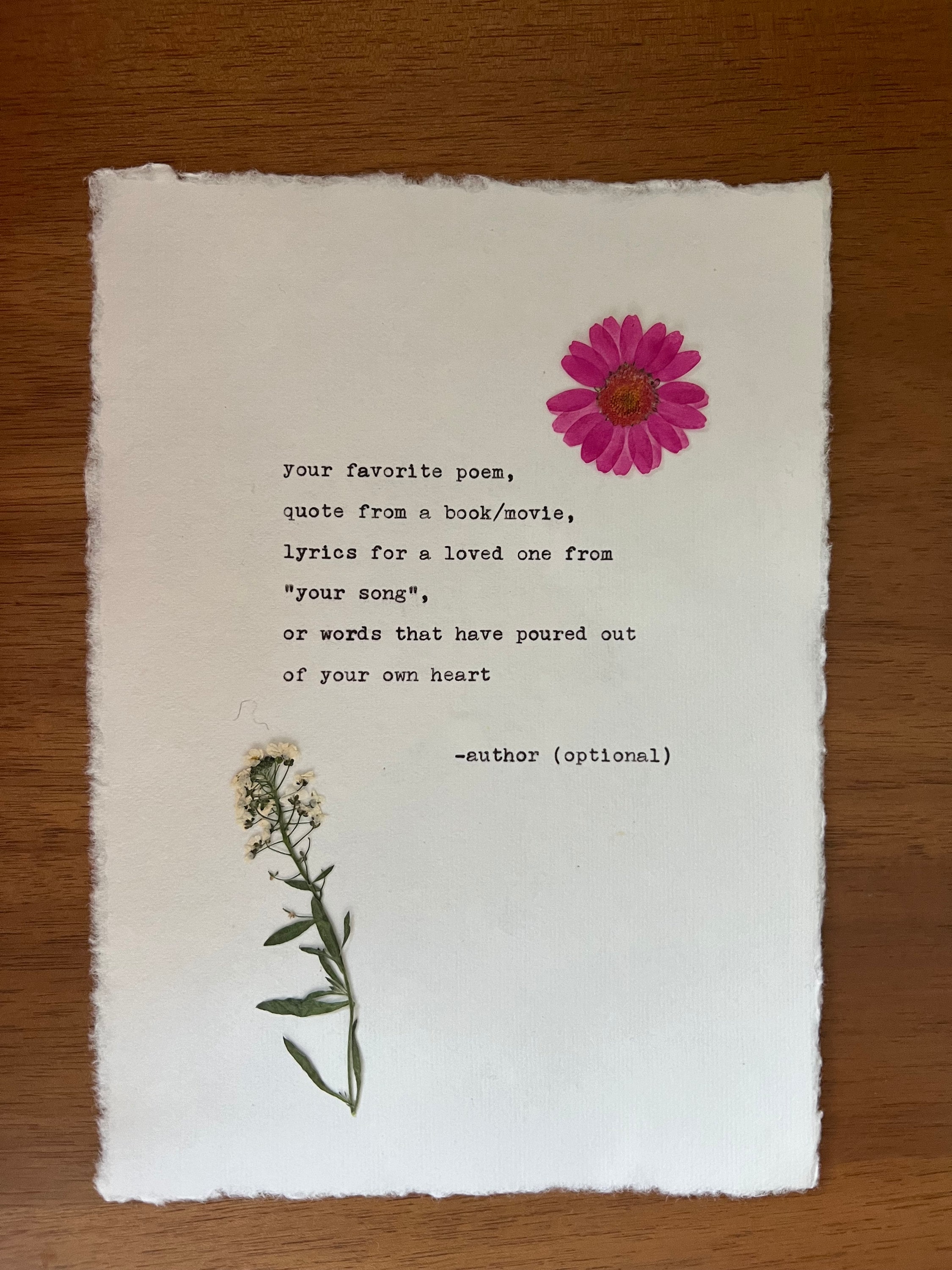 Custom Typewriter Print on Handmade Paper: Poem, Song Lyrics, Personalized Quotes, Memories, Vows, Gift for Her, Gift for Him, Personalized