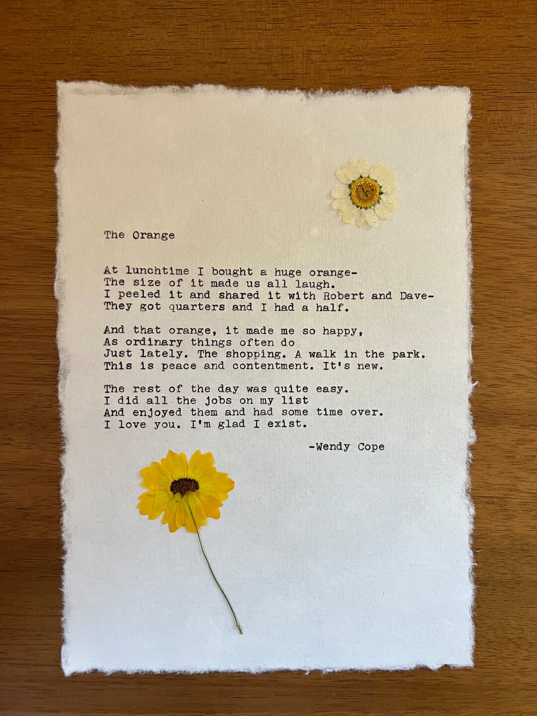 The Orange by Wendy Cope Custom Typewriter Poem Print. Poetry Quote
