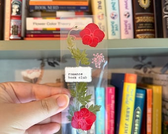 Romantik bokklubb - Bokmärke med pressade blommor, skrivmaskin, BookTok, bokälskare, flickvän, handgjort, riktiga torkade blommor, bokmärke för kvinnor, present