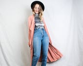 AMAZING Vintage Coral Pink Long Crinkle Duster 90s hipster jacket coat womens outerwear overcoat oversized coat with ruffles