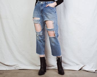 AMAZING Vintage BRITTANIA Distressed Denim Pants with Raw Hem / 32" / hipster mom jeans vintage 90s grunge ripped boyfriend jeans loose fit