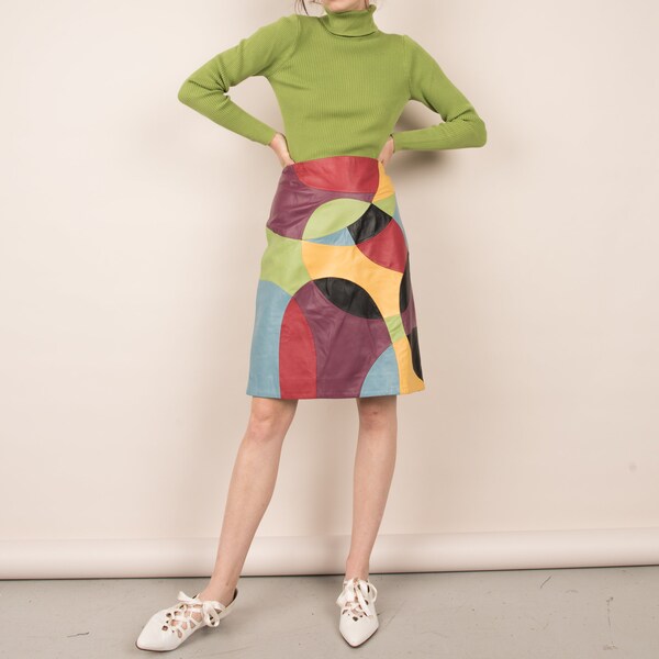 Vintage Color Blocking Abstract Patchwork Leather Skirt  / M/L