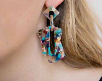 Super Cool Colorful Confetti Geometric Dangle Earrings - Resin, Metal Push Back | Light-Medium Weight | Vibrant Statement