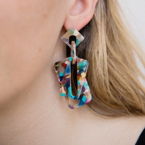 Super Cool Colorful Confetti Geometric Dangle Earrings Resin, Metal Push Back Light-Medium Weight Vibrant Statement image 1