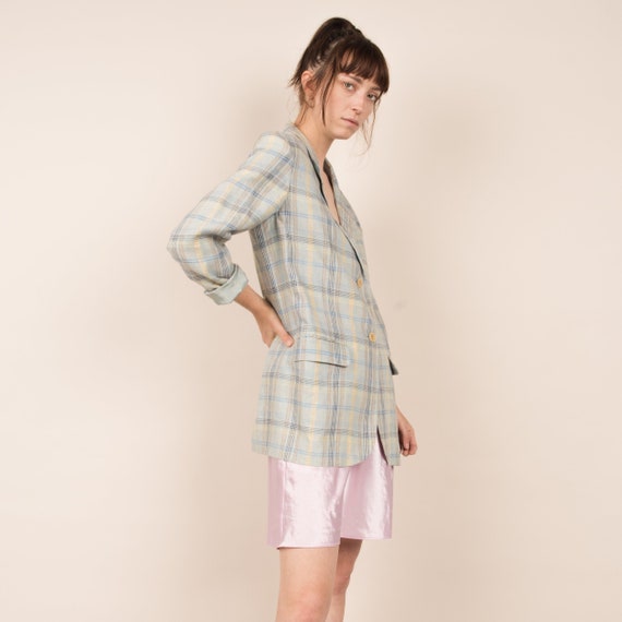 Vintage Pastel Plaid Oversized Linen Blazer / S/M