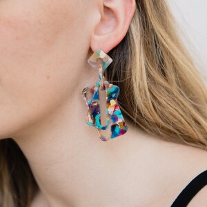 Super Cool Colorful Confetti Geometric Dangle Earrings Resin, Metal Push Back Light-Medium Weight Vibrant Statement image 2