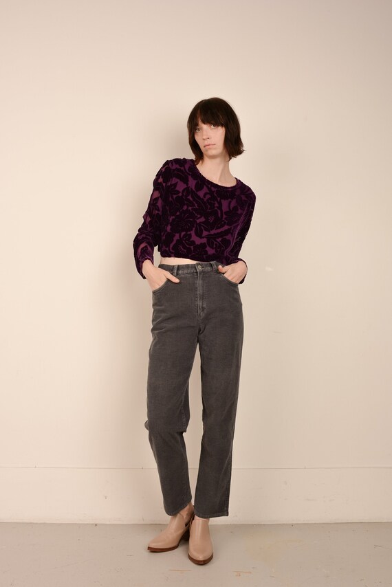Vintage Floral Velvet Flocked Amethyst Crop Top /