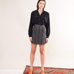 Amazing Vintage Tweed Striped Cropped Mini Skirt Button & Zipper Closure, Raw Hem Cristina's Grey/Green/Yellow/Black Striped, Fits XS image 5