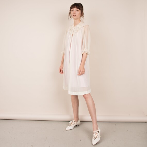 Vintage 60s Creme Semi Sheer Ruffle Cardigan / S/M
